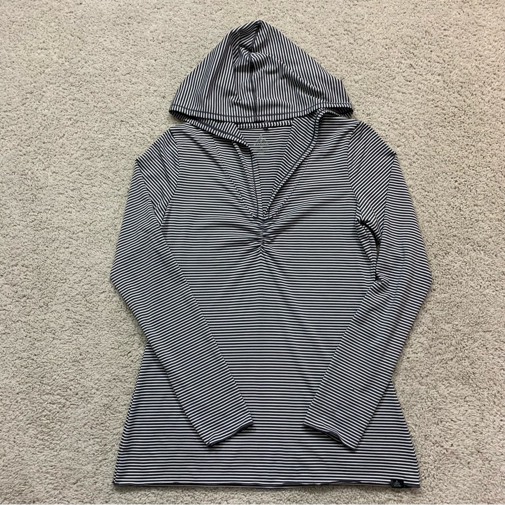 Women’s PRANA Gray White Striped HOODED Pullover STRETCH Athletic YOGA Top SHIRT